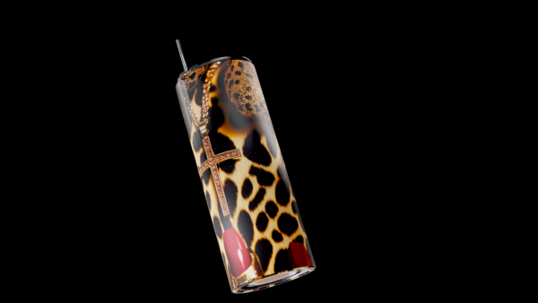 Leopard Print & Gold Cross Stainless Steel Tumbler (20oz) - Image 2