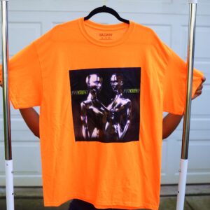 Faded Chrome Orange Tee – Futuristic Unisex T-Shirt with Metallic Cyborgs (XL)